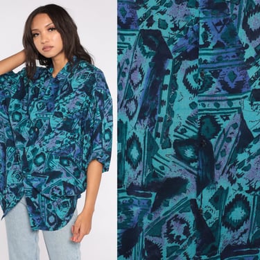 Southwestern Shirt 90s Button Up Shirt Retro Geometric Aztec Print Shirt Short Sleeve Turquoise Blue Southwest 1990s Vintage Extra Large xl 
