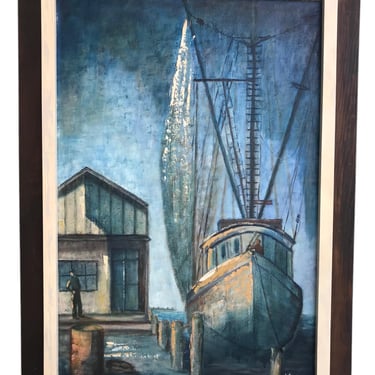 Original A.Stolpe Signed Seascape Framed Canvas Painting | Vintage Moody Coastal Ocean Fishing Boats Harbor Pier Nautical Maritime Artwork 