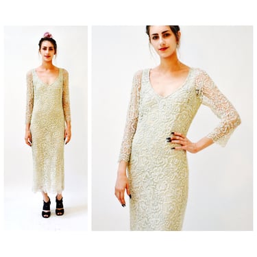 Vintage Cream Lace Sequin Beaded Gown Dress Size Small Medium By Badgley Mischka // Vintage Wedding Gown Cream Lace Beaded Sequin Dress 