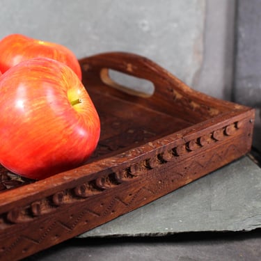 Vintage Carved Wooden Tray with Brass Inlay | Hand Carved Wooden Tray | Holiday Decor | Thanksgiving Decor | Bixley Shop 