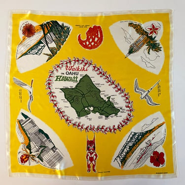 Vintage OAHU HAWAII Scarf | Souvenir 1950s 60s Island Map Design with Tiki Idol Statue, Hibiscus Flower, Aloha Tower, Outrigger Canoe + More 