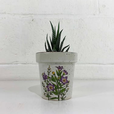 Vintage Gray Speckled Planter Purple Flowers Floral Drainage Hole Mid-Century Pottery Pot 1970s 70s Indoor Plant Pot 