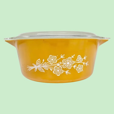 Vintage Pyrex Casserole with Lid 1970s Retro Size 2.5 L + Bohemian + Butterfly Gold 475-B + Yellow/White Ceramic + Kitchen + Floral Cookware 