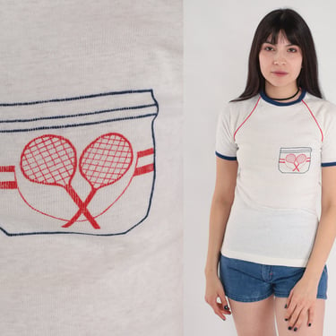 Vintage Tennis Shirt 70s Ringer Tee Retro Sports Tennis Racket Graphic T-Shirt Raglan Sleeve Tshirt Sportswear White Red Blue 1970s Small xs 