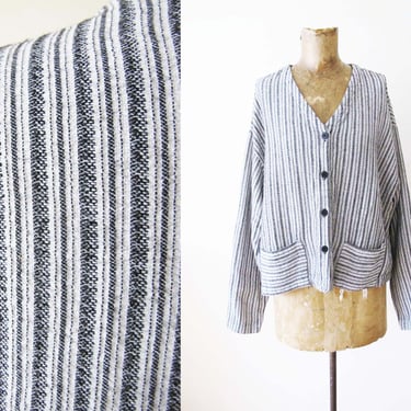 Vintage 90s Eileen Fisher Striped Long Sleeve Button Up - Linen Blend Boxy Blouse - Minimalist Natural Style 