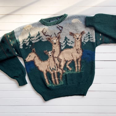 cottagecore sweater 90s vintage Thornton Bay green wool deer stag hand knit sweater 