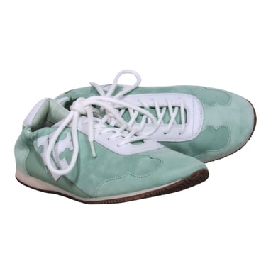 Tory Burch - Mint Suede &amp; Leather “Tory” Sneakers w/ White Leather Trim &amp; Logo Sz 8.5