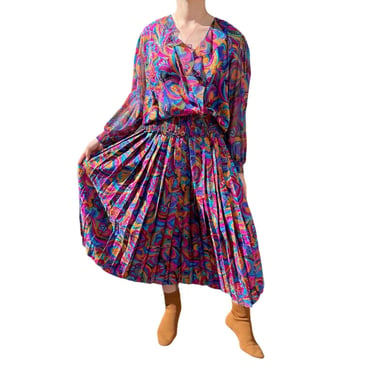 Vintage 80s Womens Retro Paisley Multicolor Floral Pleated Hippie Skirt Set M 