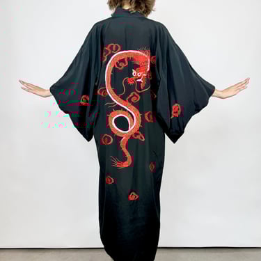 Midnight Dragon Embroidered Silk Robe