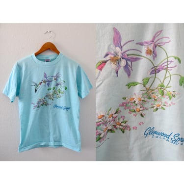 Vintage Colorado T-shirt - Glenwood Springs Tee - 80s Soft T Shirt - Hummingbird & Flower Print - Size Medium 