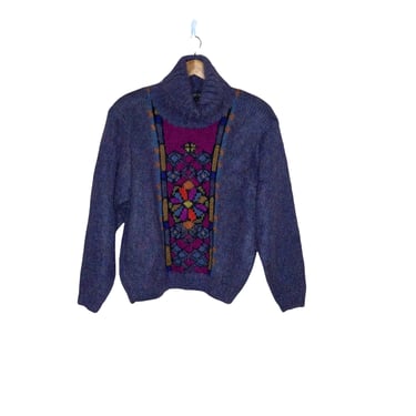 Vintage Jeanne Pierre Purple Floral Mohair Blend Cowel Neck Sweater, Size M 