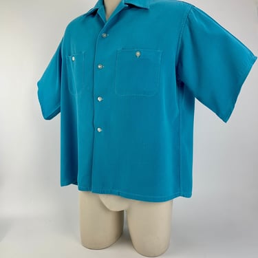 1940's Gabardine Shirt - Blue Rayon - PENNEY'S TOWNCRAFT LABEL  - Buttondown Patch pockets - Loop Collar - Men's Size Large 