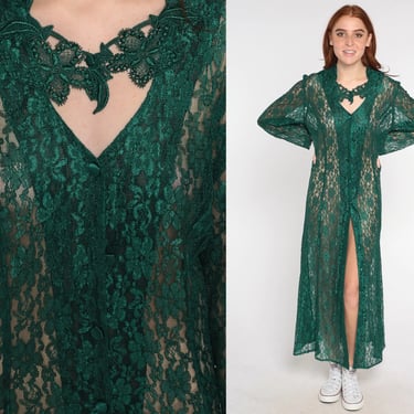 Green Lace Dress 90s Sheer Maxi Dress Floral Applique Button Up Gothic Party Front Slit Long See Through Long Sleeve Vintage 1990s Medium M 