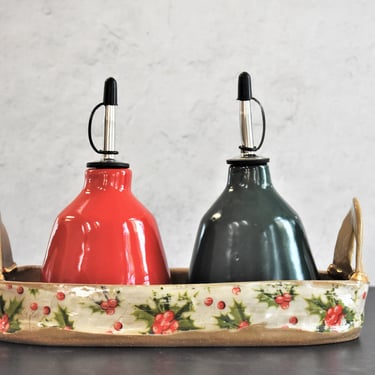 Ceramic olive oil and vinegar dispenser set with tray, christmas gift 