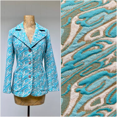 Vintage 1970s Psychedelic Textured Polyester Blazer, Abstract Double Knit Princess Seam Boho Jacket, Deadstock NWT, Medium 38" Bust, VFG 