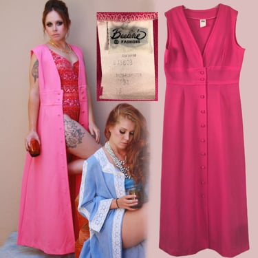 Size L Vintage 1960's 'Beeline' Large Hot Pink Sleeveless Button Up Dress / Robe 