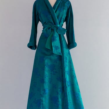 Deluxe 1950's Peacock Green Silk Brocade Dressing Gown By Dynasty / Medium
