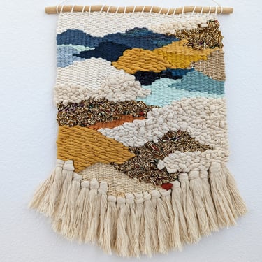 Wall Weaving/Hanging - Woven Tapestry - Batik Print Fabric, Mustard, Rust, Blue - Raffia - Boho Fiber Art - Handwoven Weave -Nursery Art(X) 