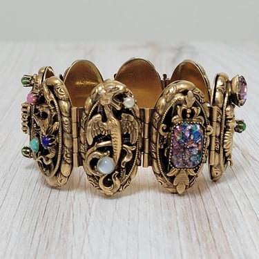 High Relief Panel Link Bracelet with Dragon Details - Art Nouveau Costume Jewelry 