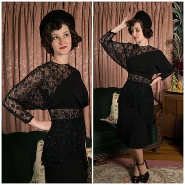 1940s Dress - Deadly 40s Femme Fatale Cocktail Dress in Black Rayon and Sheer Beaded Lace with Deep Dolman Sleeves and Nude Illusion 
