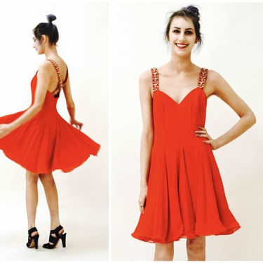 90s Prom Dress Vintage Red Party Dress Silk Dress Beaded Dress Small Medium// Red Beaded Dress Pageant Prom Swing Dress 80s 90s Formal Dress 