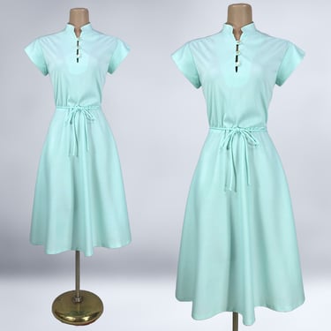 VINTAGE 70s Mint Green Fit and Flare Belted Disco Day Dress Sz 10 | 1970s Polyester Midi Dress Nehru Collar | VFG 