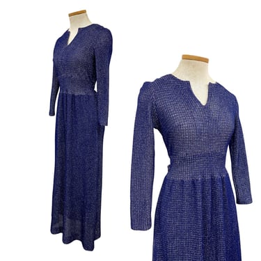 Vtg Vintage 1960s 60s Silver Navy Metallic Lurex Knit Maxi Dress 