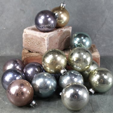 Vintage Muted Gold, Green, and Blue Glass Ornaments | Set of 15 | 2" Glass Balls | Vintage Christmas Ornaments 