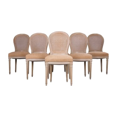 French Louis XVI Style Painted Cane Back Dining Chairs W/ Apricot Chenille - Set of 6 