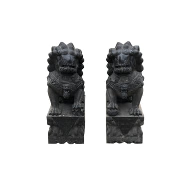 Chinese 32" Tall Pair Black Gray Stone Fengshui Foo Dog Lion Statues cs7664E 