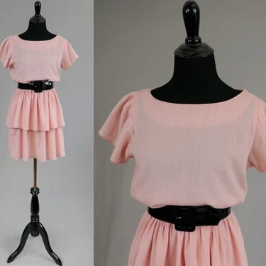 80s Light Pink and Black Dress - Polka Dots - Tiered Ruffle Skirt - Vintage 1980s - S M 