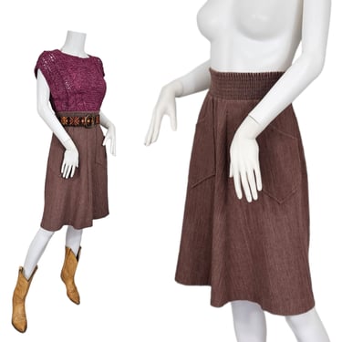 1970's Taupe Brown Crinkle Gauze Cotton Skirt I Sz Sm I A Line I Pockets 