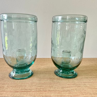 Vintage Green Etched Glass Hurricanes - Hand Blown Candle Holders - Set of 2 