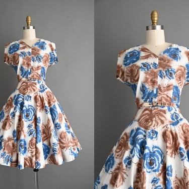 vintage 1950s dress | Brown & Blue Rose Floral Print Cotton Dress | Small 