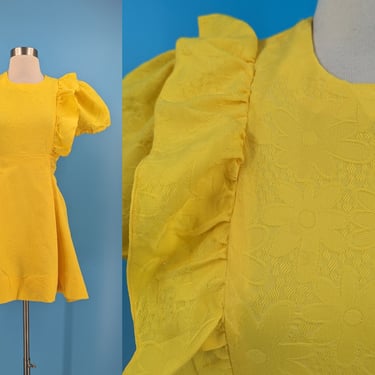 Vintage Sixties Handmade Yellow Ruffle Mini Dress - 60s Small Daisy Textured Puff Sleeve Mod Dress 