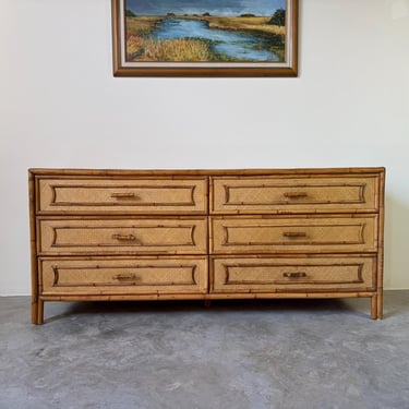 Vintage Coastal Bamboo Frame and Woven Rattan Six-Drawer Dresser 