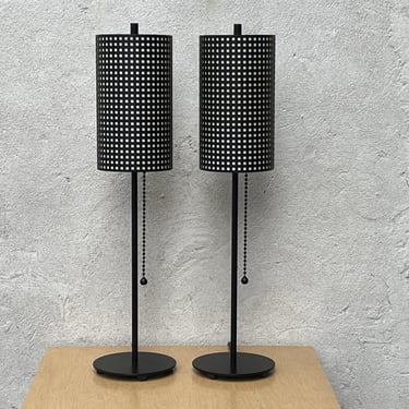 Pair Slim Black Table Lamps by Kovacs with Metal Black & White Shades 