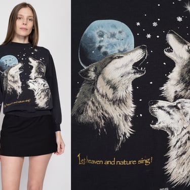 Medium 90s Howling Wolf "Let Heaven And Nature Sing" Sweatshirt | Vintage Black Christmas Winter Snow Graphic Crewneck 