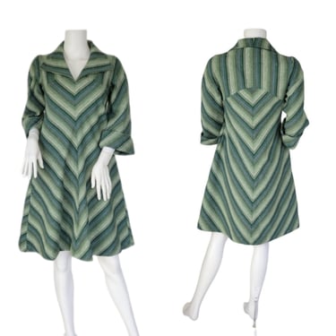 1970's Green Mitered Stripe A Line Wool Tent Dress I Sz Sm I Hippie 