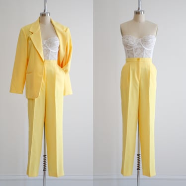 yellow vintage suit 90s y2k bright lemon yellow high waisted pants oversized blazer 2 piece suit set 