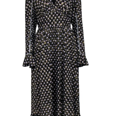 Stine Goya - Black & Star Print Long Sleeve Maxi Dress w/ Flounce Sz S