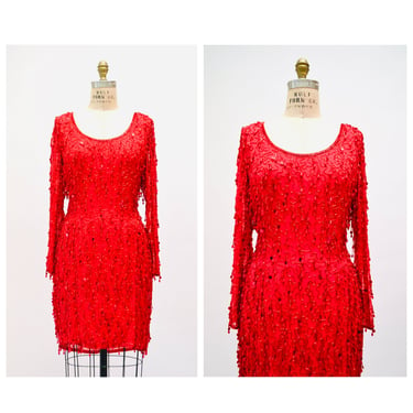 90s Vintage Red Sequin Beaded Fringe Dress Medium Black Tie Oleg Cassini// Vintage Red showgirl Dress Beaded Fringe Dress Medium Large 