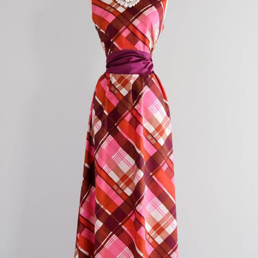 Gorgeous 1970's Pretty in Pink Plaid Full Length Gown / Sz M