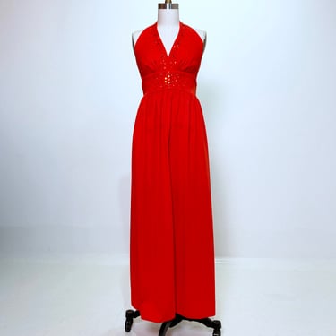 1970s Dolly Red Rhinestone Gown