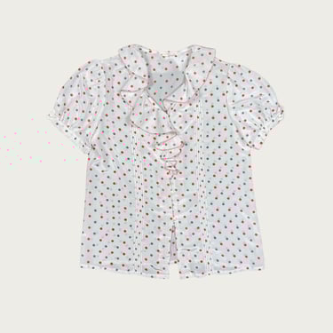 (M) 70s Red/Gray Polka Dot Ruffle Blouse