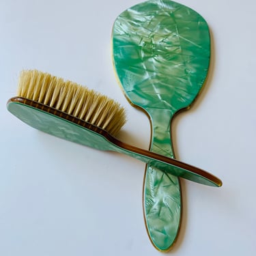 Antique Keystone Vanity Set, hair brush and mirror, celluloid pearlescent green hair brush and mirror set, Art Deco decor, dresser set 