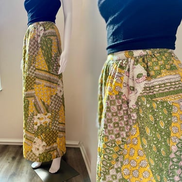 Quilted Satin 70's Maxi Skirt Pink Yellow and Green 