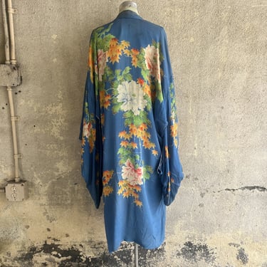 Antique 1920s Blue & Orange Floral Print Kimono Robe Lounge Dress Jacket Japan