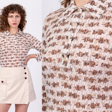 70s Elephant Novelty Print Button Up Top - Medium | Vintage Sheer White Brown Long Sleeve Pointed Collar Shirt 