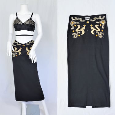Jeweled 1990's Black Stretch Knit Long Pencil Skirt I Sz Lrg I Contempo Casuals 